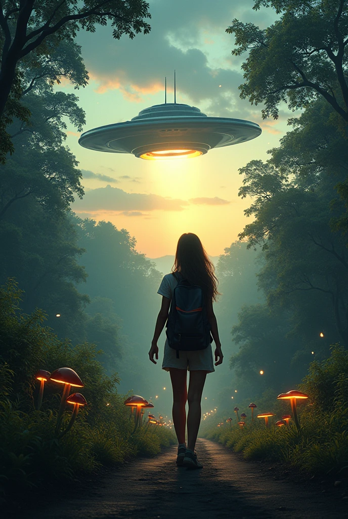 A road with lots of vegetation, a female traveler with a backpack on her back asking for a ride to a UFO at dusk with fireflies in the air and mushrooms on the ground