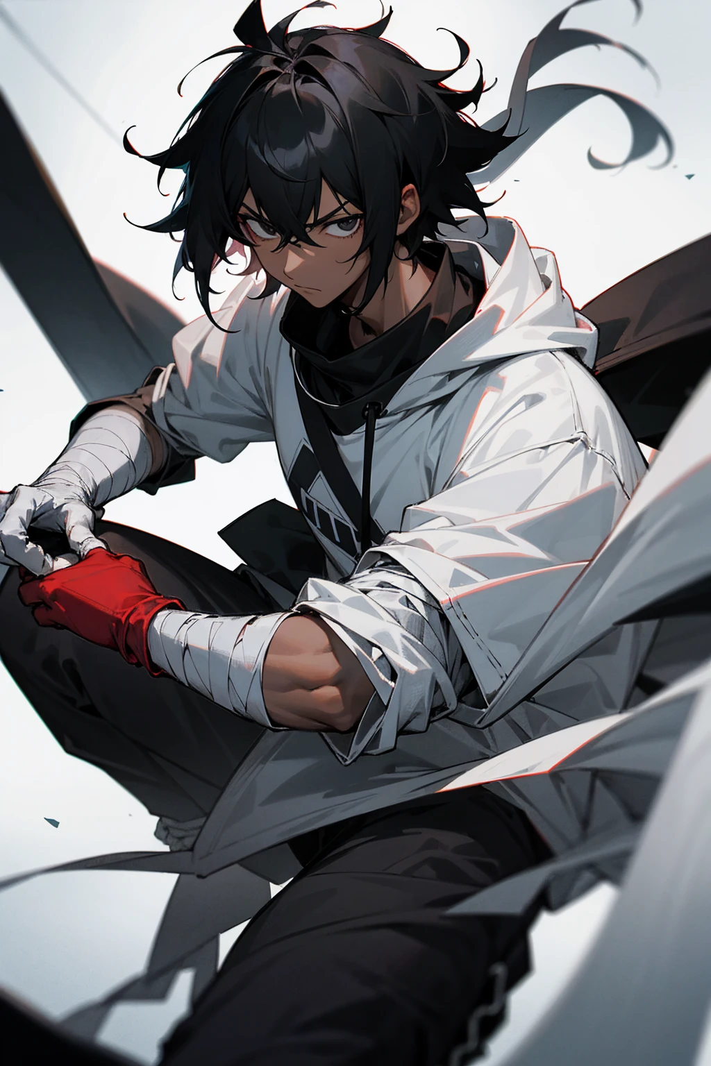 1male, adult male, black eyes, black hair, shaggy hair, darkskin, black and white bandages on arms, white gloves, black and red yukata, white sweatshirt, serious