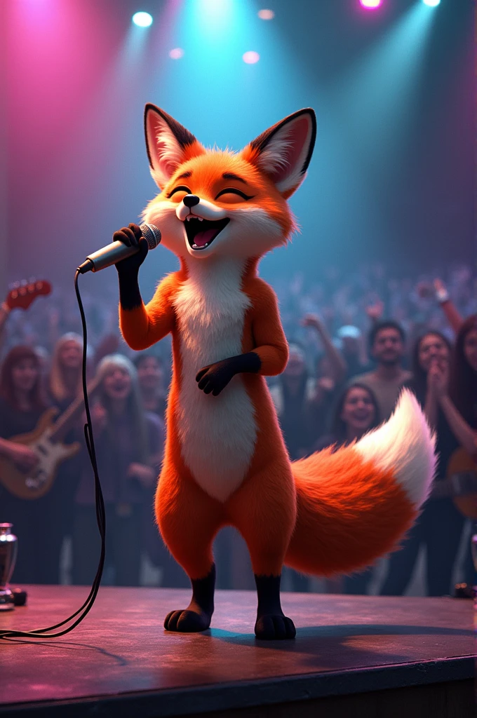 A fox singing into a microphone at a concert 