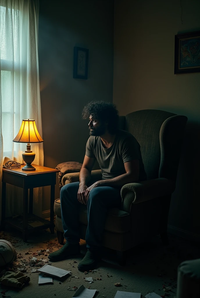 man sat on the corner of the room, messy house, stressful, depresion, dark, old lamp, light effect, HD, winning award photography