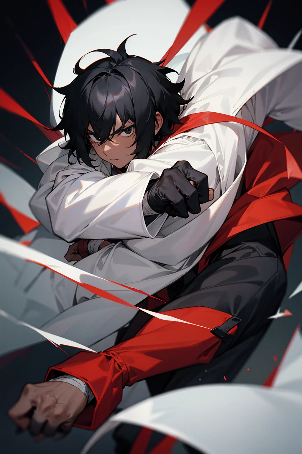 1male, adult male, black eyes, black hair, shaggy hair, darkskin, black and white bandages on arms, white gloves, black and red yukata, white sweatshirt, serious