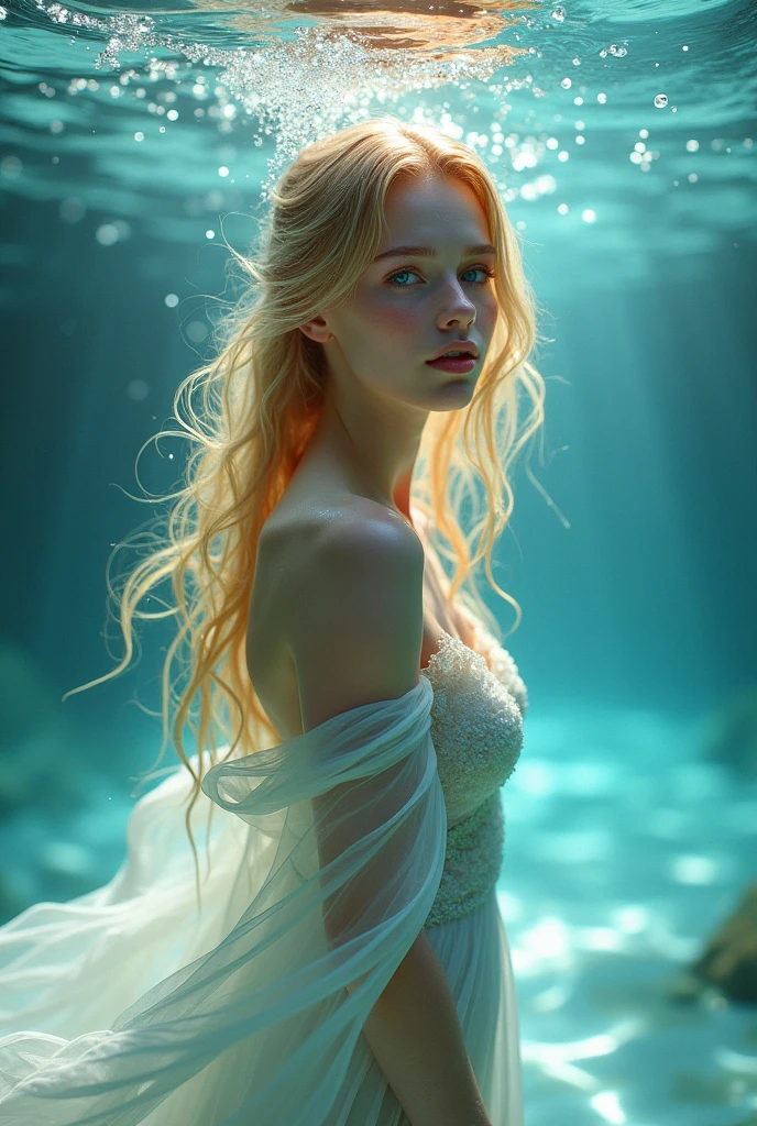 In the center of the composition, a young blonde woman stands with a serene and ethereal presence, her figure enveloped in flowing water that cascades around her like a delicate waterfall. Her hair, shimmering like strands of pure liquid gold, moves fluidly in the gentle currents, creating a soft, rippling effect. The water glistens as it catches the soft, natural light, casting reflections that dance across her sun-kissed skin. The delicate curves of her body are subtly accentuated by the gentle flow of the water, while soft shadows play across her form, enhancing her graceful lines. Her bright blue eyes sparkle like clear mountain springs, drawing the viewer in with their calm, inviting gaze. She wears a sheer, watery garment that clings to her form, its texture reminiscent of flowing silk submerged in a cool, crystal-clear stream. Surrounding her, abstract waves of aqua, turquoise, and deep ocean blues swirl and ebb, creating a dynamic backdrop that captures the movement and energy of the water. The scene is framed with soft, fluid edges, suggesting a dreamlike underwater realm, while the composition focuses on the interplay of light and water, giving her form a mesmerizing, almost otherworldly quality.

Keywords: flowing water, rippling hair, natural light, ethereal atmosphere, aquatic tones, serene presence, graceful lines, dreamlike quality, underwater realm, fluidity, shimmering reflections.