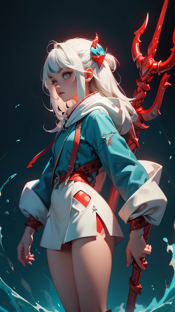 envision a 8k, highres, cinematic, full body design of a short and evil Atlantean girl named Gawr Gura with shoulder length white hair with red highlights and red eyes in a blue shark hoodie holding Poseidon's trident against a dark gray background