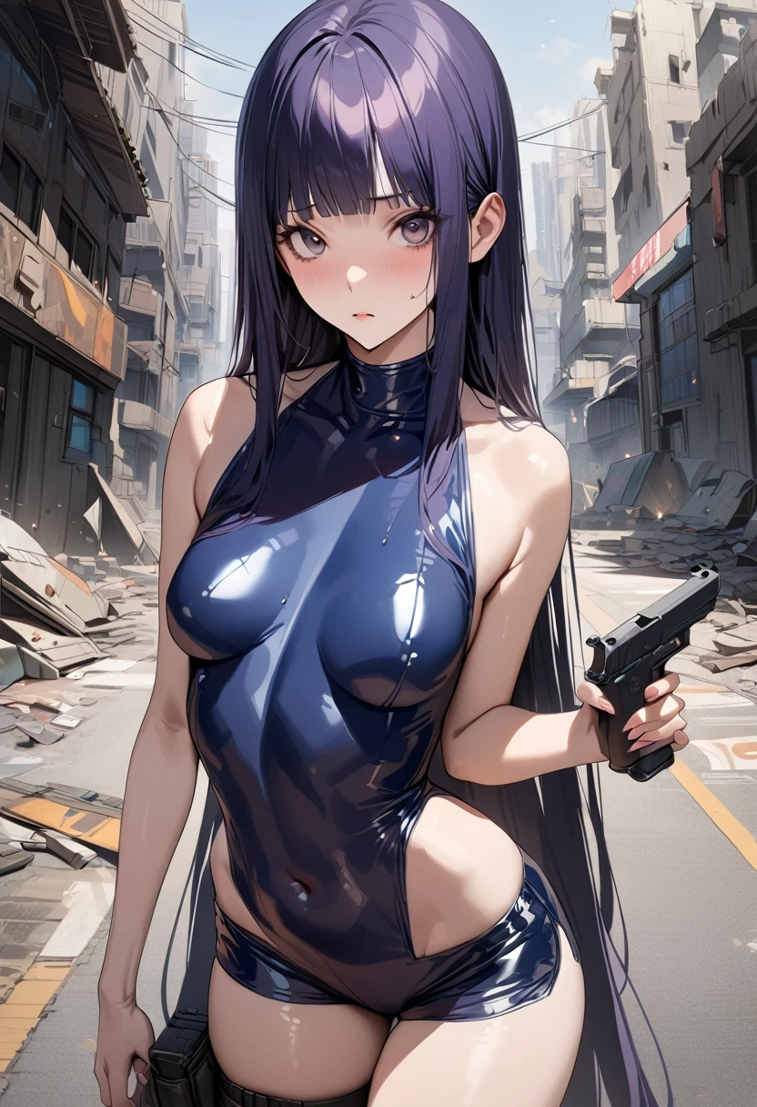 ((masterpiece,best quality anime,Highest quality:1.3)),realistic,cowboy shot,1woman,独奏,(30 year old beauty),((very small head:1.4)),((very long body:1.4)),(dark blue hair),straight long hair,(gorgeous big eyes),black eyes,Serious expression,((slender body:1.4,skinny)),(dark blue turtleneck sleeveles,navel、Navy blue latex shorts),Leg holster medium breasts,,oily skin:1.2,gleaming skin,shiny skin, (holding handgun),standing,on road,Ruined city、Collapsed Buildings、Cyberpunk World、