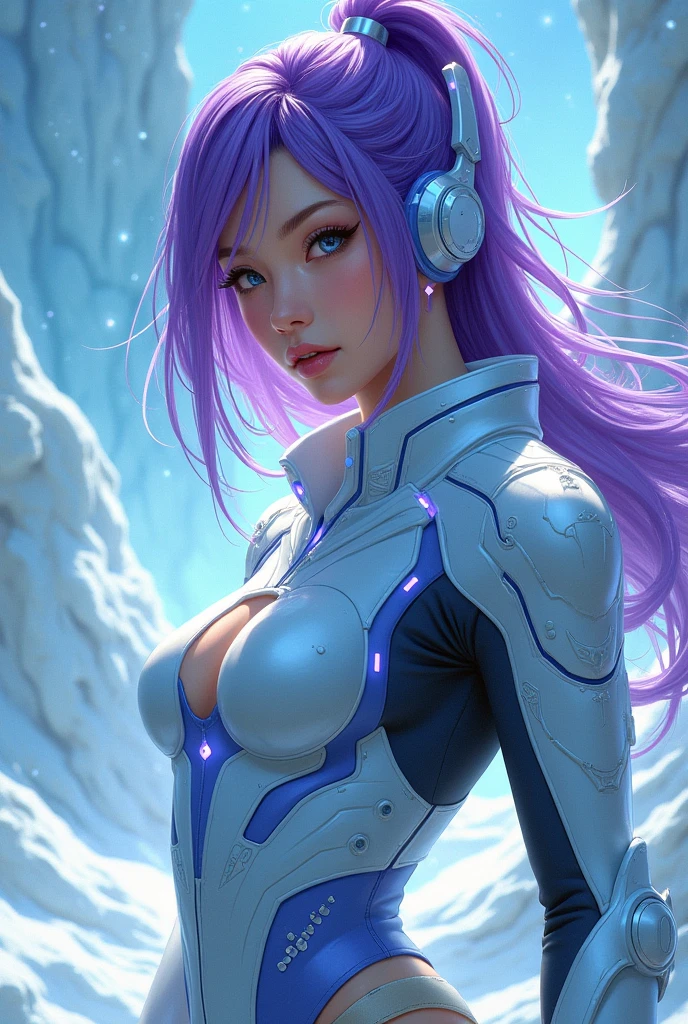 Korean purple hair butterfly woman with headset intergalactic ice warrior is Korean winteres full body short outfit fighting
