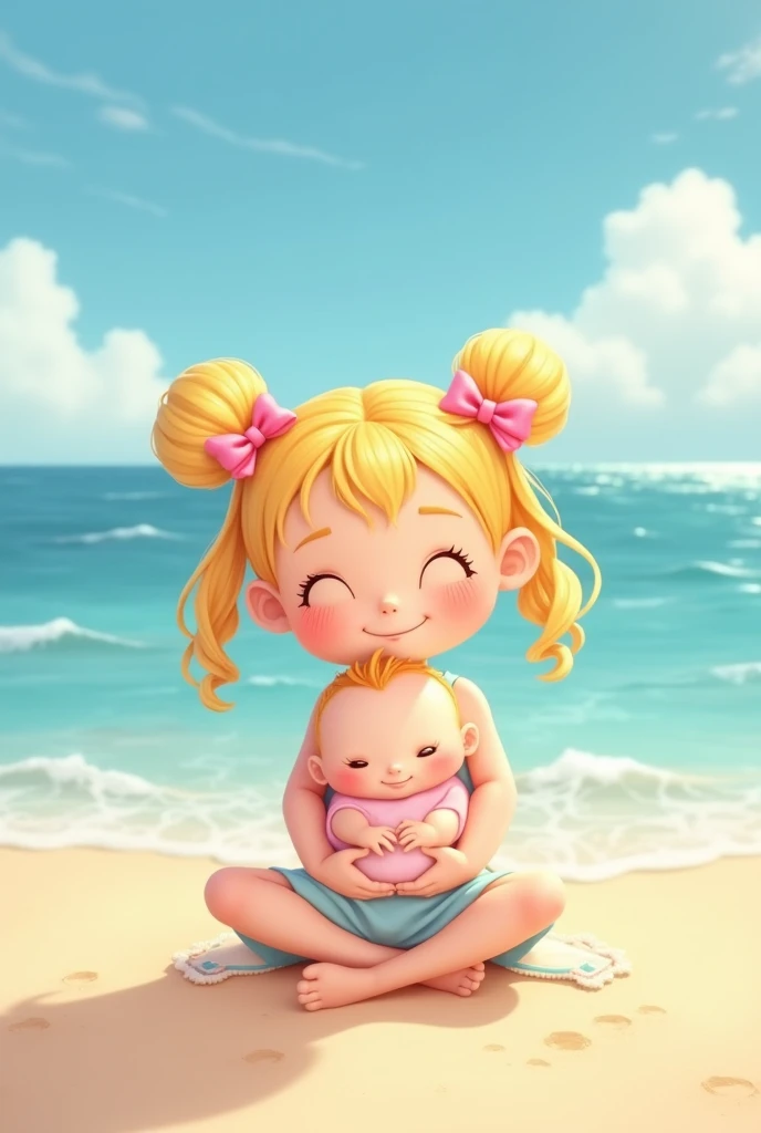 Create an image of a  girl with two pink bows on her head at the beach ,  with blonde pigtail hair sitting baby 