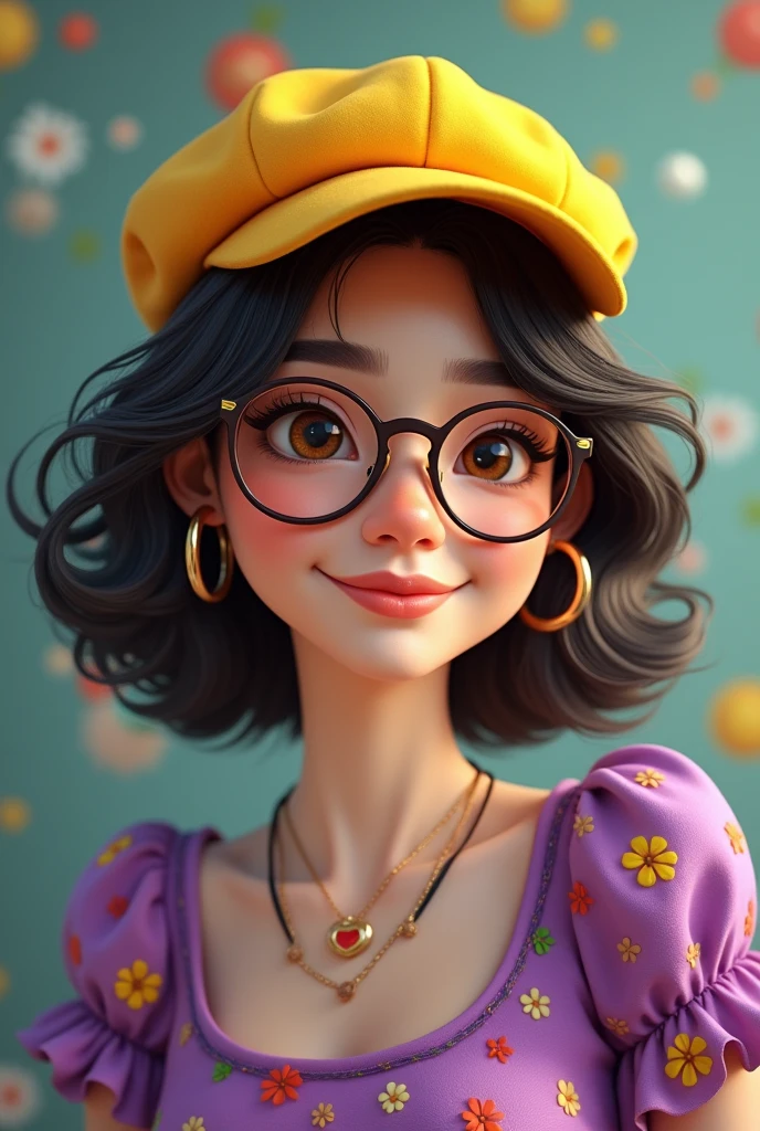 Woman with yellow cap on her head, prescription glasses and purple flowery dress