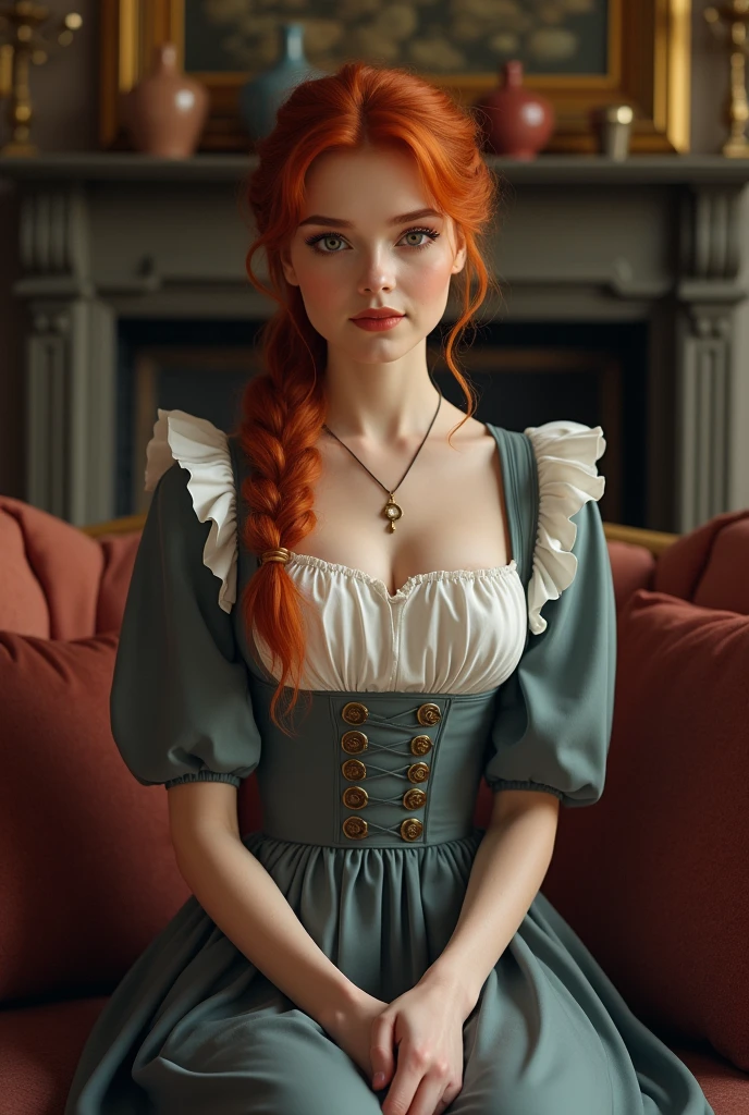 Draw me a woman with red hair 1850 who is a housekeeper very pretty looks thin but fit and wears tights with a very nice servant dress she should have violet eyes and be a real feast for the eyes full body picture and realistic she should sit in the fireplace room on a sofa she wears a ponytail in full shot you should see her legs and her shoes