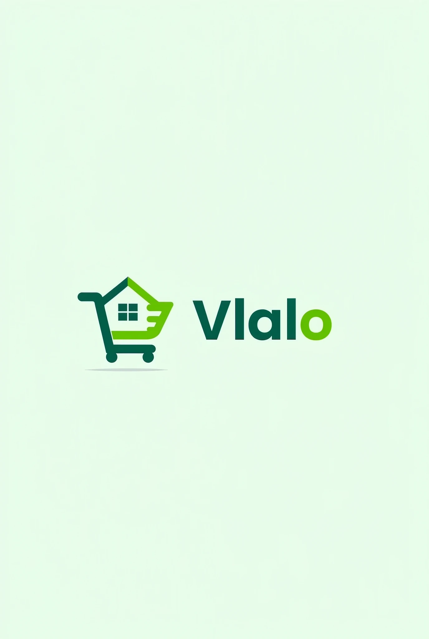 A modern and clean logo for Vlalo, a grocery store offering home shopping with affordable prices. The logo features a stylized shopping cart integrated with a house symbol, representing convenience and home delivery. The color palette includes bright, friendly colors like green and blue to convey freshness and reliability. The shop's name 'Vlalo' is prominently displayed in a sleek, easy-to-read font. The overall design is simple yet impactful, reflecting the store's commitment to making shopping easy and budget-friendly.