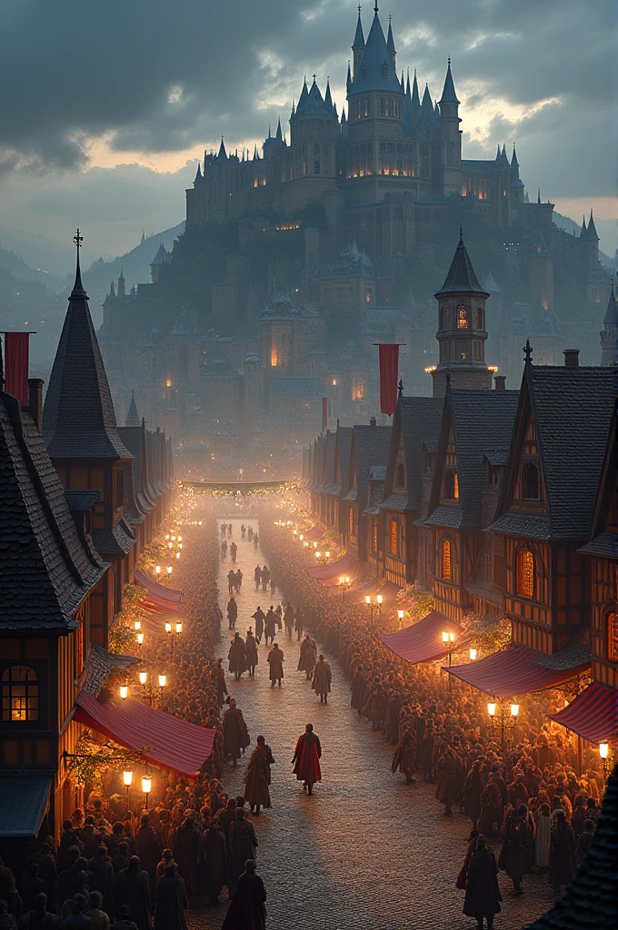 Create a huge open-plan medieval city celebrating a tournament with a night-black castle in the background