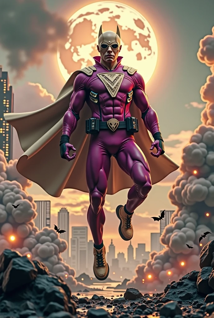 Malaysia man in high-tech suit, vivid effects, malaysian superhero (KELUANG MAN) in a striking pink and brown beige costume cyberpunk design((, mask small mini bat ear beige,)) daredevil beige mask, jumpsuit dark pink stands confidently in a dramatic.jumping from high place.hero costume.one hand rise up. (Big triangle logo on the chest.high detail Punisher logo on the chest)). jumping from hight place. Fighting pose , stormy landscape. ((Head covered node guard like batman. Running pose , athletic body type, small mini ear bat mask))The character wears domino mask a helmet with pointed mini torn ears and a flowing cape biege, open nose and mouth. Equipped with visible futuristic weapons on a belt,bullet proof jacket pink dark day.show fingers pose, dark night, big supermoon effect . Small logo on chest triangle shape small ((mitch gerads punisher ))logo center triangle cyber logo center on chest pink logo mini logo . rocky. Building top.smoke ground , bomb effect background, losse pants, losses costume.adding to --ar 3:4 --style raw --stylize 500 --v 6.1. chaos. Lot of small flying bat. One leg on the high stone. Man. Backpack . Real man age 40 year old. One hand holding belt. Jump from high place. Open cape.