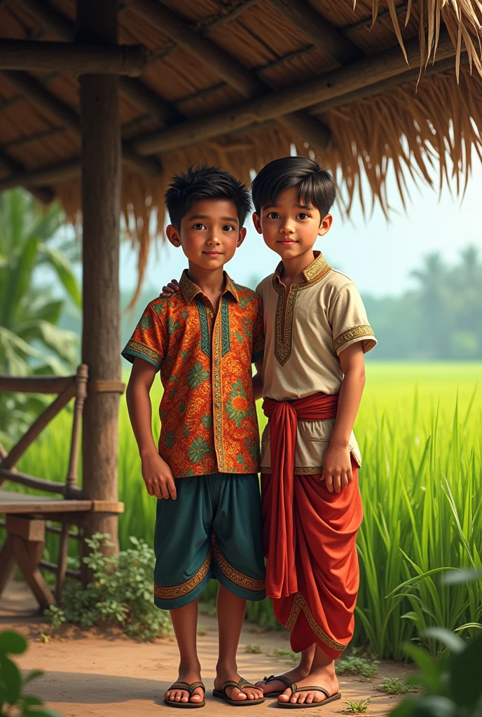 two Malay and Indian boys posing in a hut by the side of a paddy field