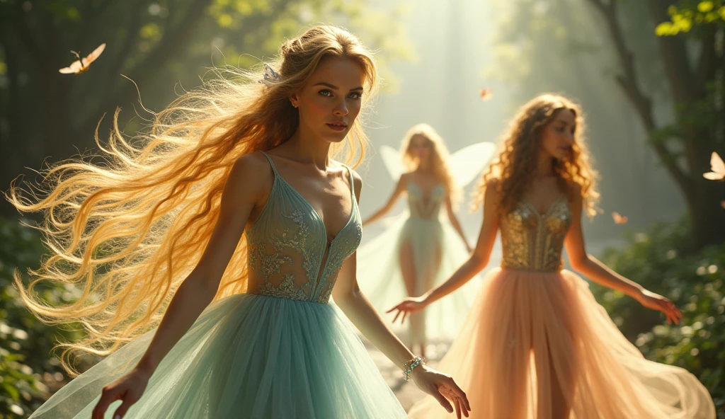 "A full-body shot of a realistic fairytale scene in a beautiful magical forrest, bathed in sunlighting."Beautiful pastel colour pallette." "A fairy queen1 with realistic striking big blue eyes with eye makeup and a serious, direct gaze at the camera with golden extra long hair and perfect shaped pearly white teeth and pursed lips, dancing and swirling around." " A Fairy queen2 with golden-brown long curly hair in a thin light blue dress is dancing with arms up in the air." "Twirling and dancing fairy princess with a long white hair in a sheer golden wet transparent dress outfit, big breasts, thin waist, big butt, looks provocative" "Fairy princesse2 dancing and jumping splits" "The lighting is natural and bright, highlighting their features and casting a soft glow around their hair, creating a high-contrast effect that emphasizes the subject's presence. " "A white rapid is just there" "butterflies everywhere". The realistic scene includes a strikingly beautiful fairy queens and a princesse in a beautiful and magical forrest palace. "The vast environment paints a magical but weird admosphere". # Configuration settings clip_guidance_scale = 20 # High adherence to the detailed prompt, emphasizing facial features hr_scale = 2.0 # High resolution to capture intricate details in the hair and face. hr scale =2.0 # Perfect human female body. Best hands 1:1, super realistic hair 1:1, hyper realistic eyes 1:1, extra detailed delicate moist skin, most detaled and realistic face 1:1. #A realistic stage with thorough details and clear focus on the queens.
