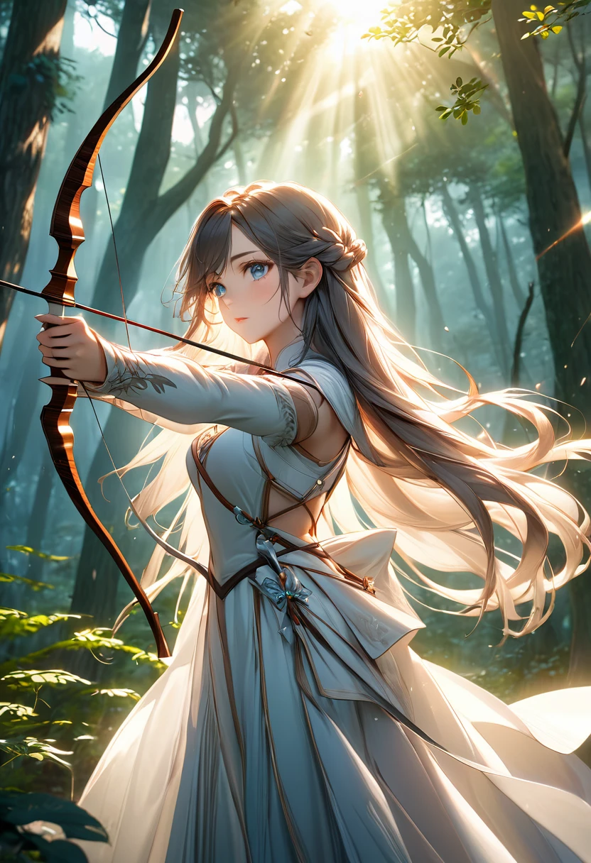 Beautiful female archer, holding a bow, Delicate face, beautiful eyes, Detailed facial features, Flowing long hair, Elegant Posture, Fantasy Landscape, Dense forest, Sunlight through the trees, Soft tones, Dramatic Lighting, Film composition, number, Extremely detailed, (best quality,4K,8K,high resolution,masterpiece:1.2),Extremely detailed,(Practical,photoPractical,photo-Practical:1.37)
