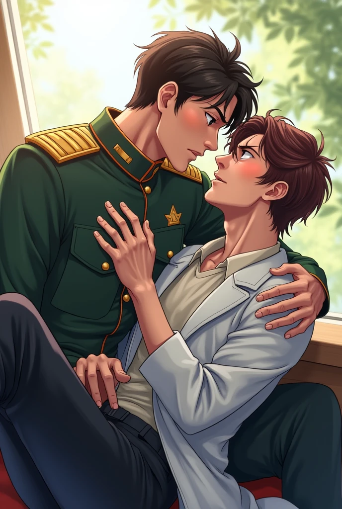 A domineering soldier forcefully pulling a male scientist onto his lap, intimate male-male romance, bright, fresh atmosphere, handsome characters, anime style, manhwa aesthetic
