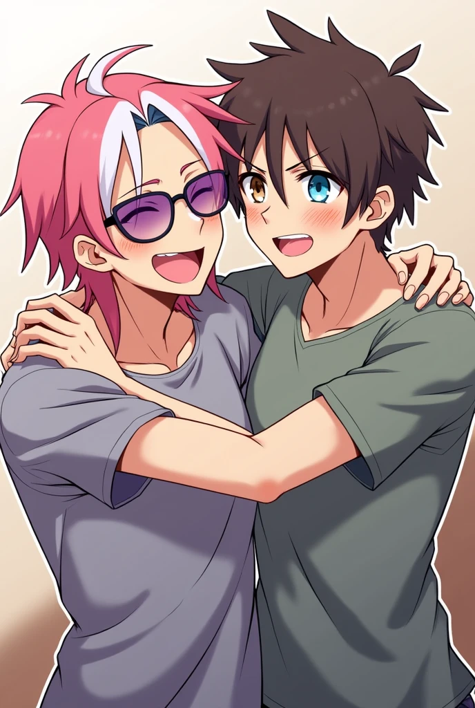couple of men. 2 age men/adults. Man with pink hair with white streaks, average, pink eyes, purple lens glasses, smiling excitedly while hugging the other. Man with short dark brown hair, brown and blue eyes, looking away with flushed face and embarrassed expression with eyebrow and ear piercing. 2d anime style