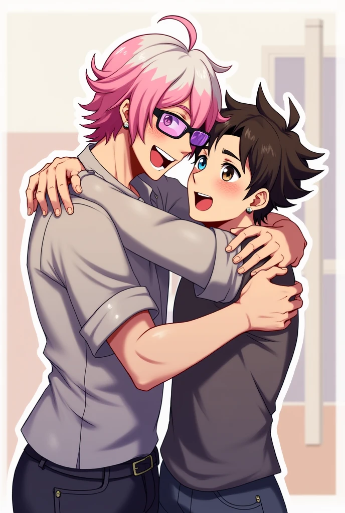 couple of men. 2 teenage men/adults. Man with pink hair with white streaks, average, pink eyes, purple lens glasses, smiling excitedly while hugging the other. Man with short dark brown hair, brown and blue eyes, looking away with flushed face and embarrassed expression with eyebrow and ear piercing. 2d anime style