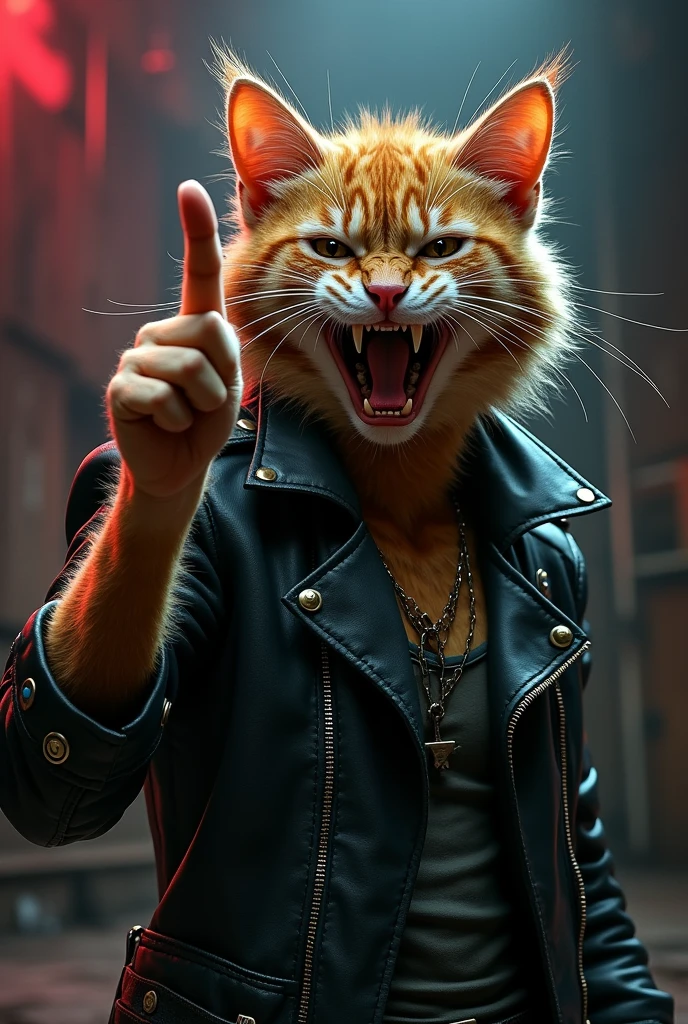 rocker cat with his clenched fist palm up raising only his middle finger vertically