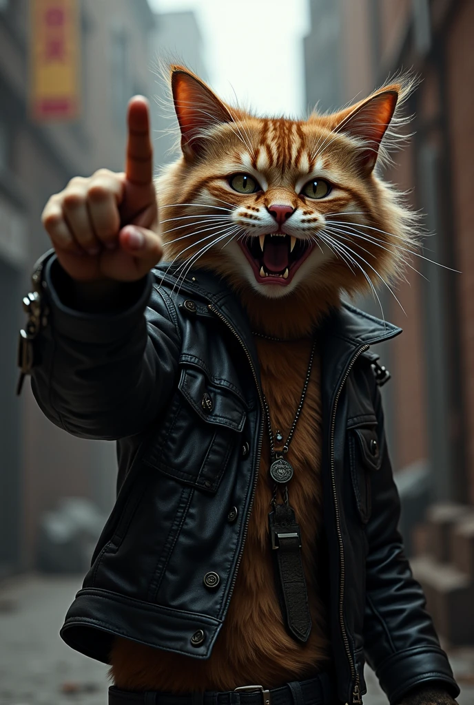 rocker cat with his clenched fist palm up raising only his middle finger vertically