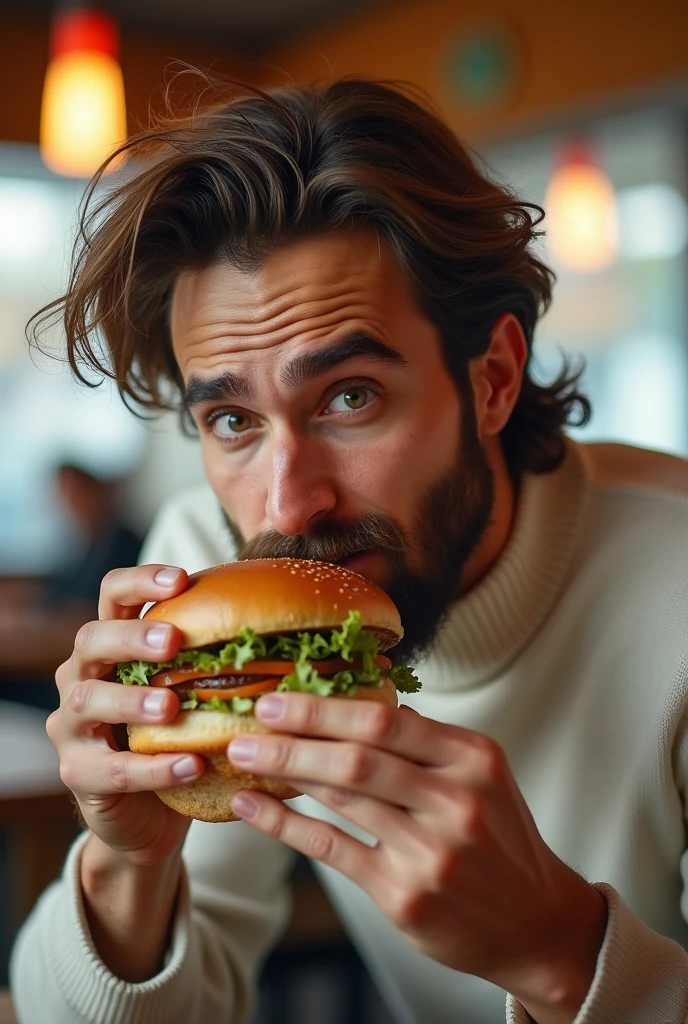 Create a realistic photo, Typical Spanish man with a beard and mustache,
very handsome man with a charming and deep look, green eyes, brown hair,
((full body)) hyper realistic photos, dressed in jeans pants, black, a white sweater, eating a hamburger, at McDonald's, background image: McDonald's, head to toe, full body, photo hyper realistic