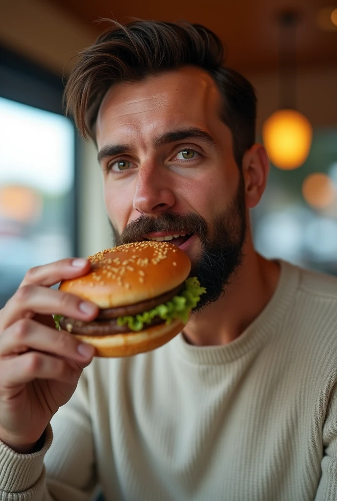 Create a realistic photo, Typical Spanish man with a beard and mustache,
very handsome man with a charming and deep look, green eyes, brown hair,
((full body)) hyper realistic photos, dressed in jeans pants, black, a white sweater, eating a hamburger, at McDonald's, background image: McDonald's, head to toe, full body, photo hyper realistic