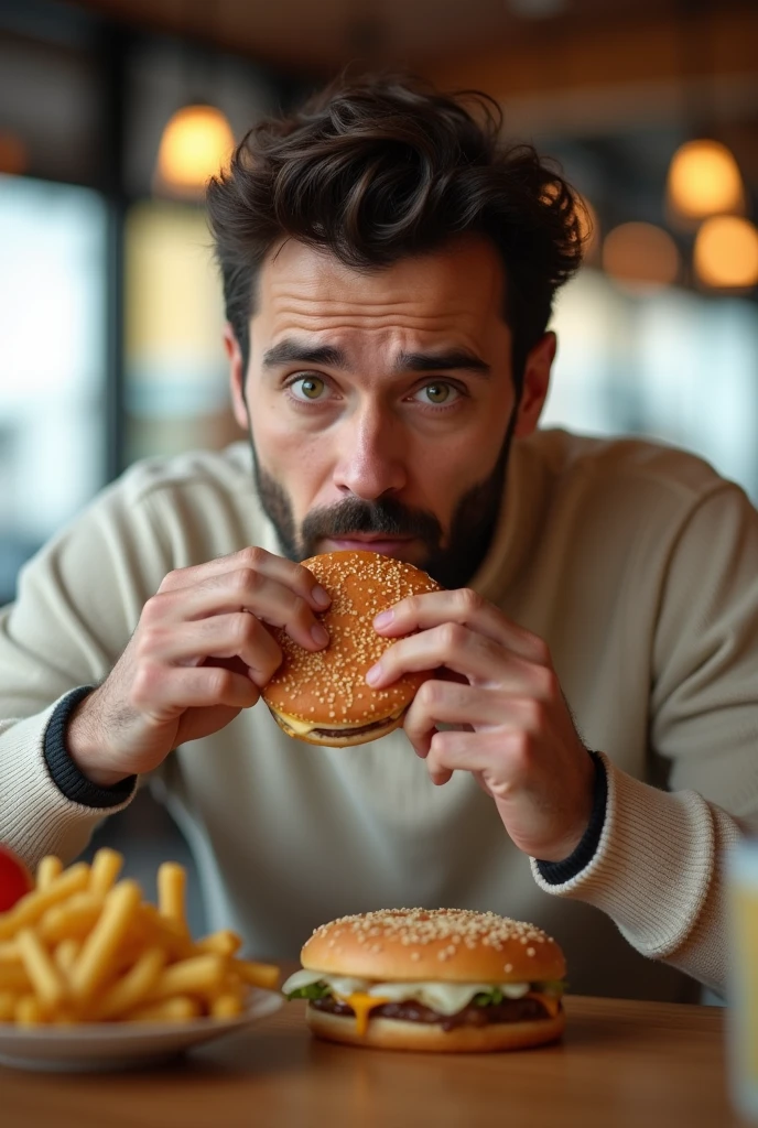 Create a realistic photo, Typical Spanish man with a beard and mustache,
very handsome man with a charming and deep look, green eyes, brown hair,
((full body)) hyper realistic photos, dressed in jeans pants, black, a white sweater, eating a hamburger, at McDonald's, background image: McDonald's, head to toe, full body, photo hyper realistic