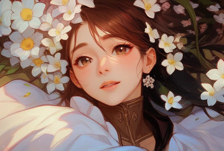 (best qualtiy,tmasterpiece,Hyper-realistic),1 beautiful and delicate portrait of a girl,Playful and cute,Background Petals drifting,(cleavage:0.7)