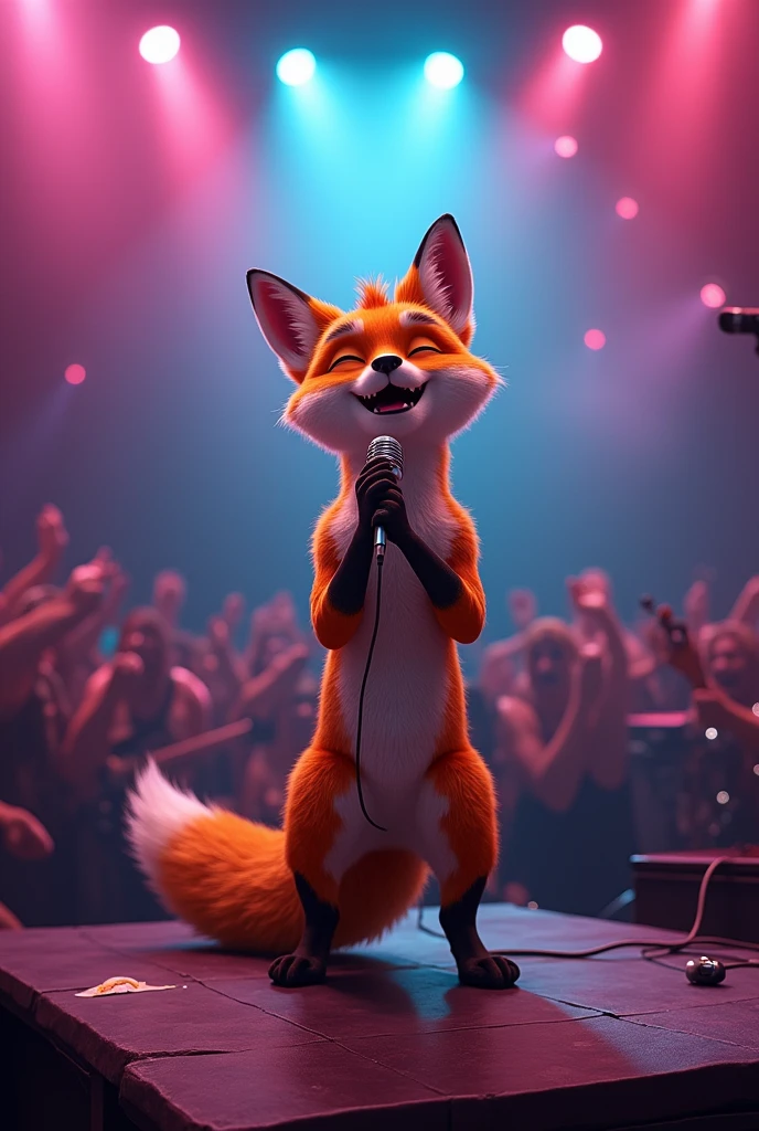 A fox singing into a microphone at a concert