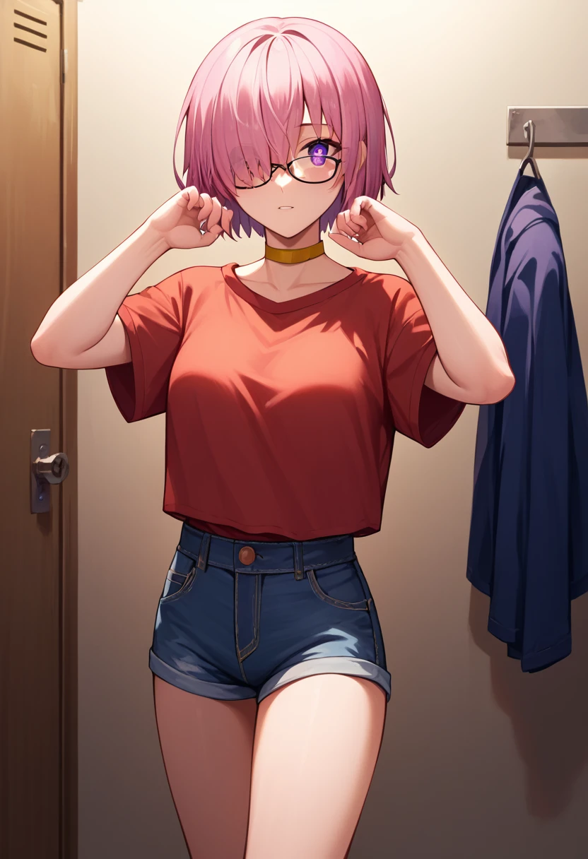 score_9, score_8_up, score_7_up, score_6_up, source_anime, mash kyrielight, short hair, purple eyes, pink hair, hair over one eye, glasses, 1girl, solo, Red T-shirt, orange choker, denim shorts, looking over the shoulder, sensual pose, ambient soft lighting, 4k, perfect eyes, a perfect face, perfect lighting, the background is in a dressing room, backstage