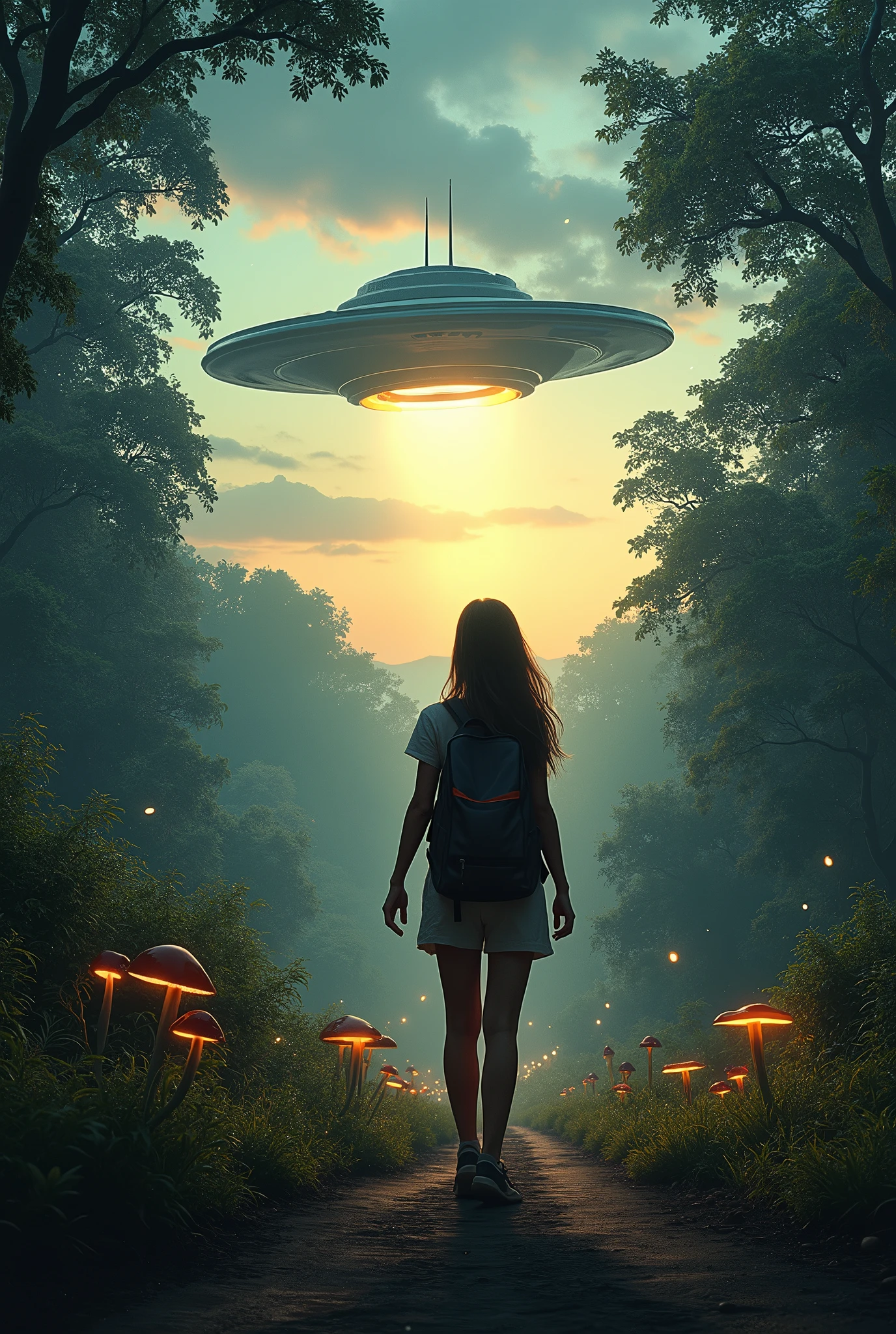 A road with lots of vegetation, a female traveler with a backpack on her back asking for a ride to a UFO at dusk with fireflies in the air and mushrooms on the ground