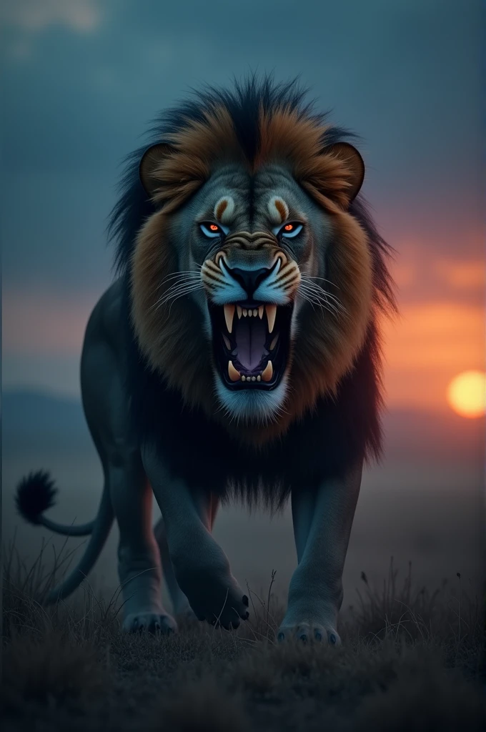 Very scary dark angry lion with sky dark blue and sunset 