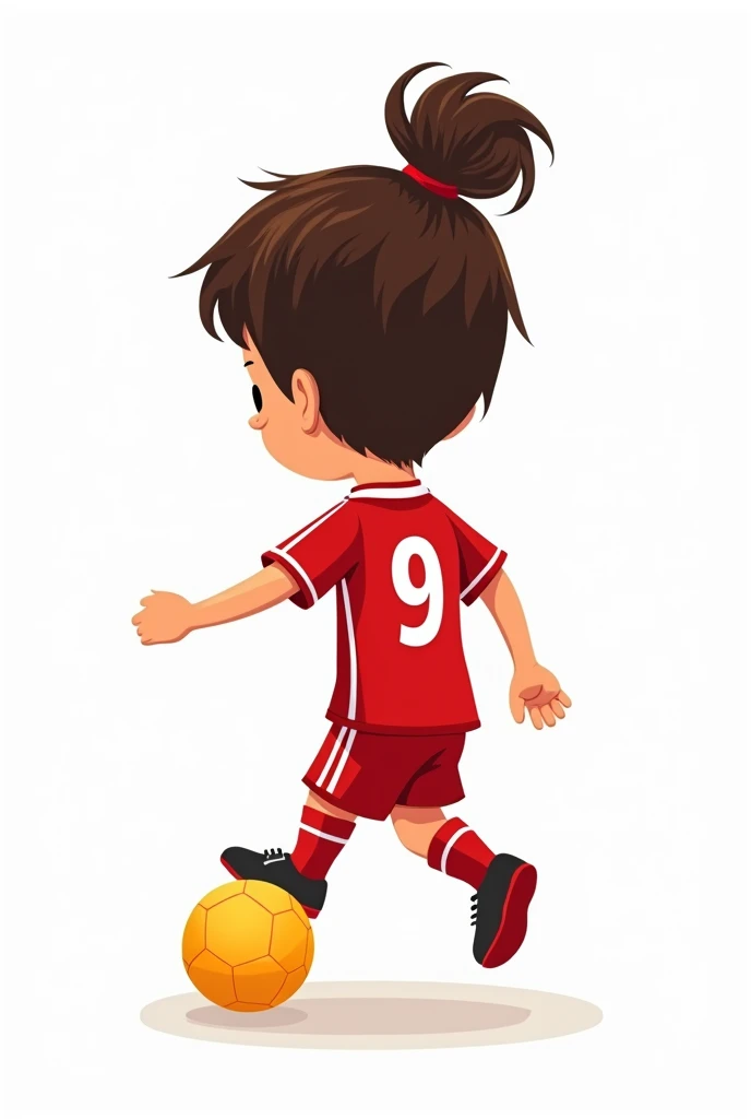 A cartoon drawing of a boy with long hair tied tight and curled around the middle of the head into a bun. In a red Liverpool football kit with the number "9" on the back, kicking a yellow ball on a white background. Simple flat vector illustration with a white background and white space around the character. Professional.