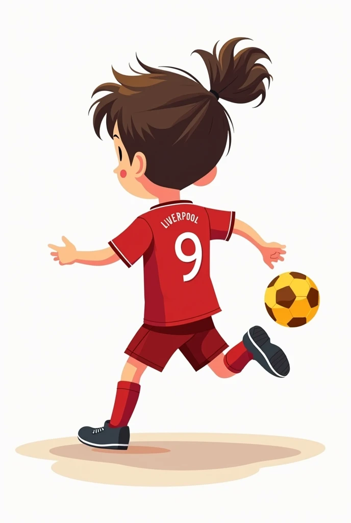 A cartoon drawing of a boy with long hair tied tight and curled around the middle of the head into a bun. In a red Liverpool football kit with the number "9" on the back, kicking a yellow ball on a white background. Simple flat vector illustration with a white background and white space around the character. Professional.