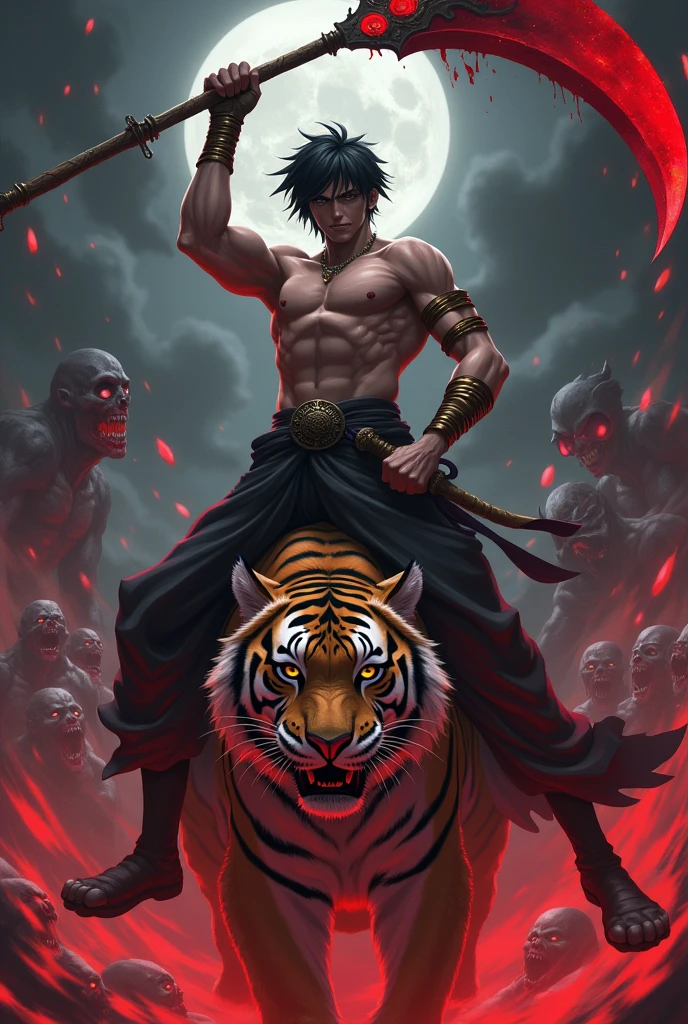 Create a male anime character Power of blood A large scythe Black hair Bands on the arms On top of a tiger Against zombies And a mutant 