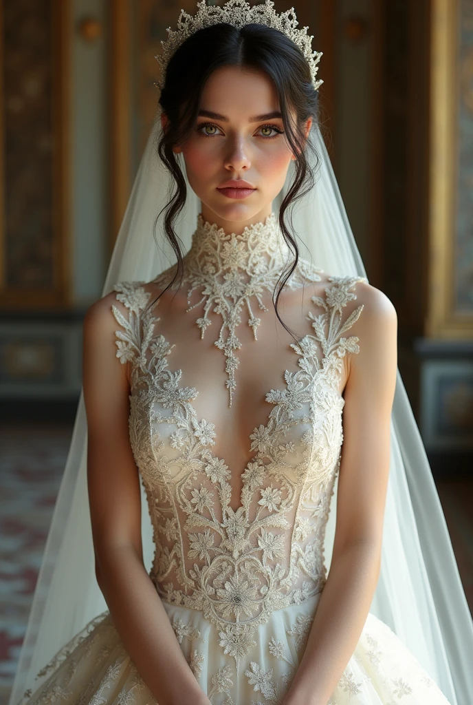 European woman model with veil . Wearing a high-neck lace wedding dress. show full body. Extremely luxurious.