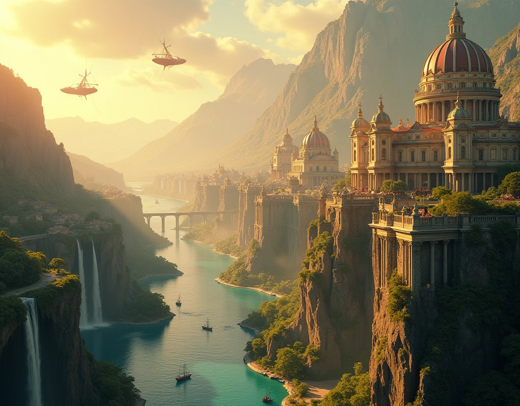 a fantastical majestically cityscape set atop a series of rugged cliffs overlooking a serene river. The city features grand, classical architecture with soaring domes, towering spires, and intricate colonnades, all blending harmoniously with the natural landscape. The river, flanked by lush greenery and dramatic waterfalls in the distance, winds through the valley, dotted with sailing ships and boats. The sky is filled with fluffy clouds, and small airships hover above the city, adding a touch of steampunk flair to the scene. Majestic mountains loom in the background, creating a sense of scale and grandeur, while the golden sunlight bathes the entire scene in a warm, ethereal glow, majestic, Hyper realistic, splash art, concept art, mid shot, intricately detailed, color depth, dramatic, natural cinematic light, colorful background, highly detailed, 8k sharp focus, photorealistic, shallow depth of field