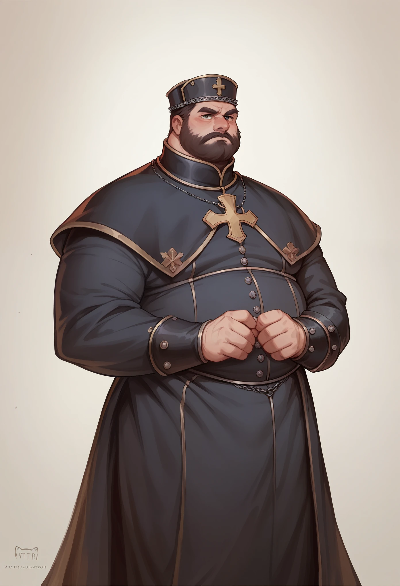 man, visual novel character, priest, gothic theme, medieval, fat, fullbody