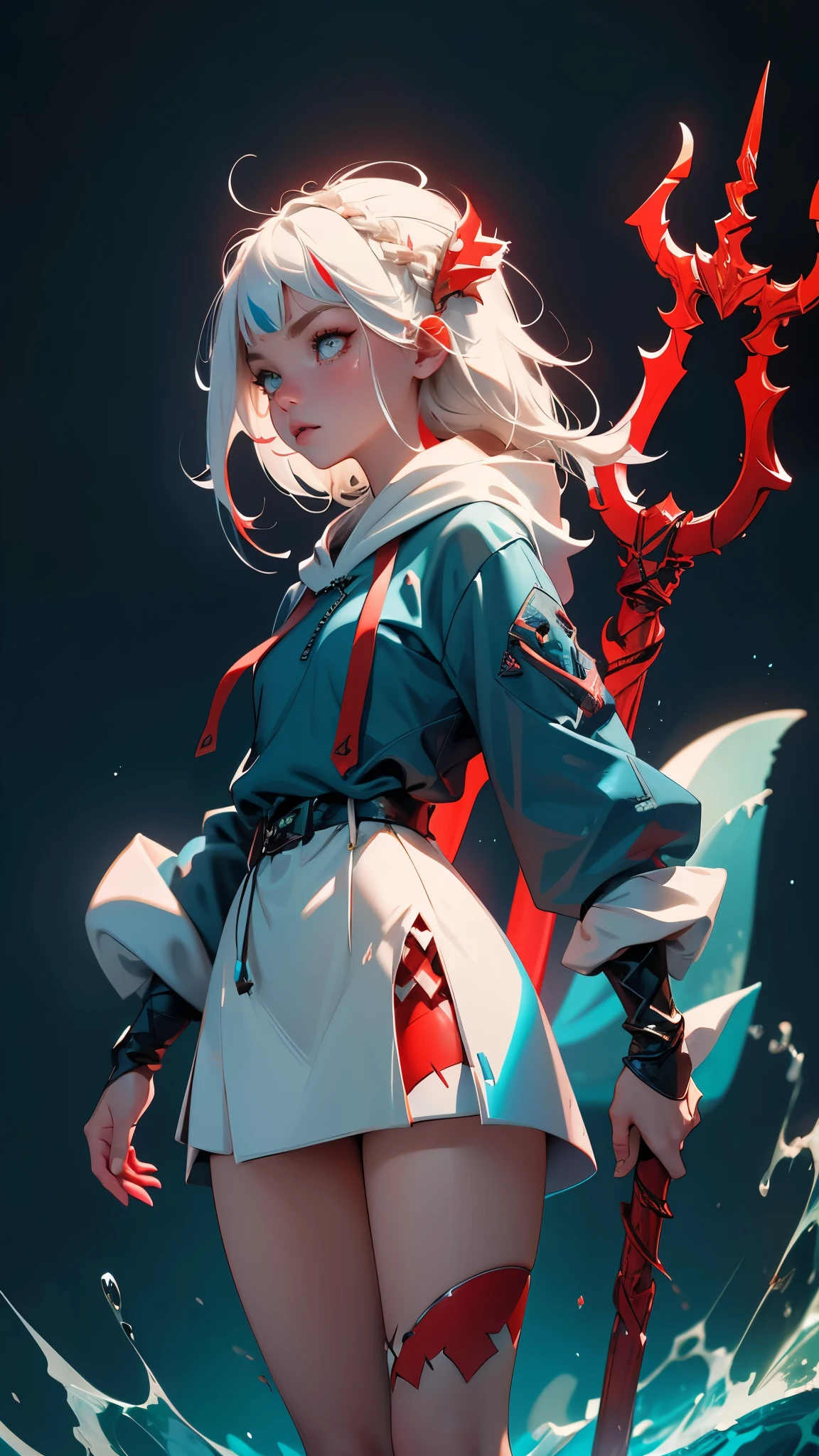 envision a 8k, highres, cinematic, full body design of a short and evil Atlantean girl named Gawr Gura with shoulder length white hair with red highlights and red eyes in a blue shark hoodie holding Poseidon's trident against a dark gray background