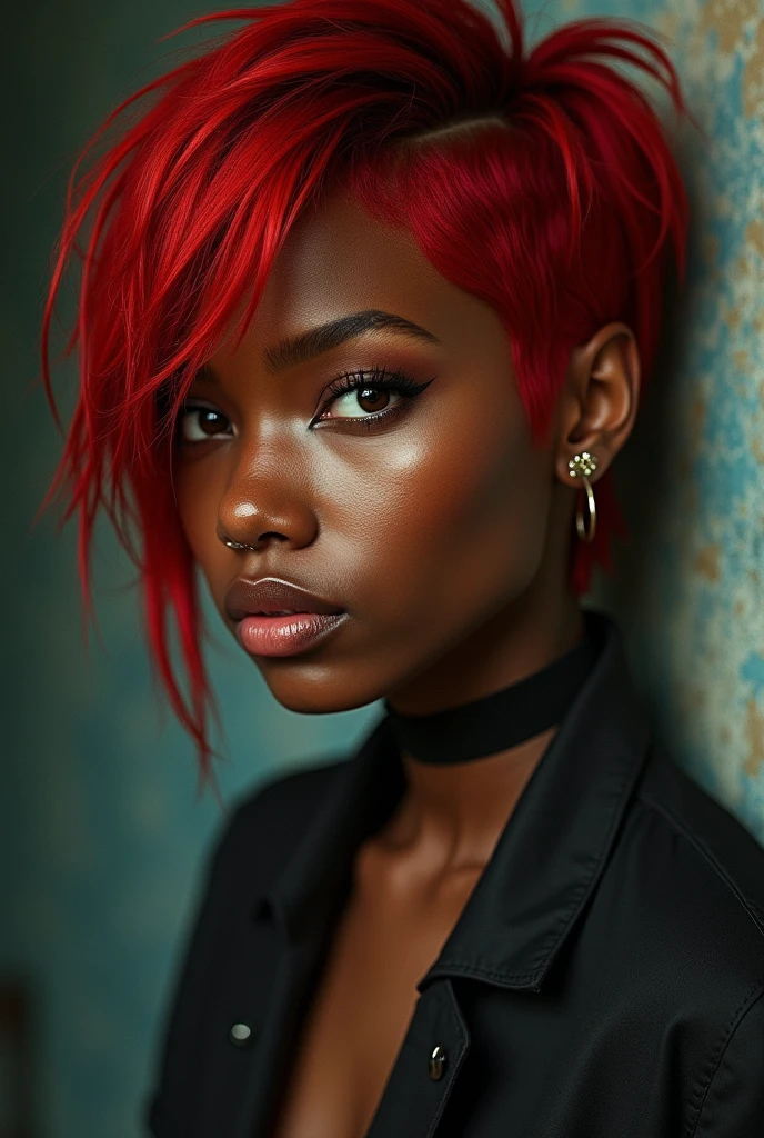 Dark-skinned woman, with Kurt Cobain&#39;s haircut and red hair 