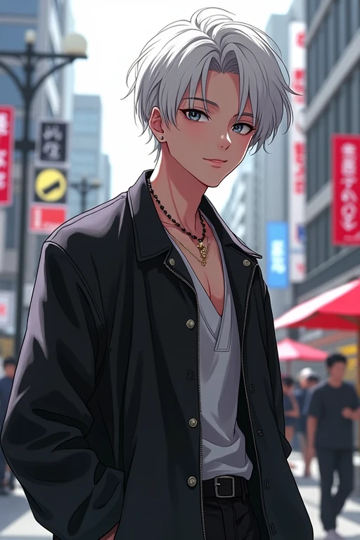 ((masterpiece)), (((best quality))), chromatic lighting,
colorized, white + black limited color palette,
detailed concept drawing,
in Shibuya, street fashion, no weird object on his face,
portrait, 25yo 1guy, slender, wide pants, short white hair, black eyes, smiling