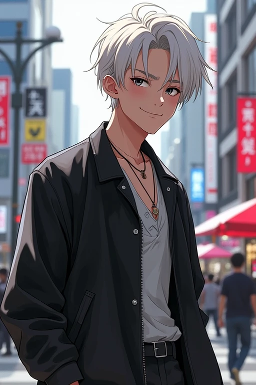 ((masterpiece)), (((best quality))), chromatic lighting,
colorized, white + black limited color palette,
detailed concept drawing,
in Shibuya, street fashion, no weird object on his face,
portrait, 25yo 1guy, slender, wide pants, short white hair, black eyes, smiling