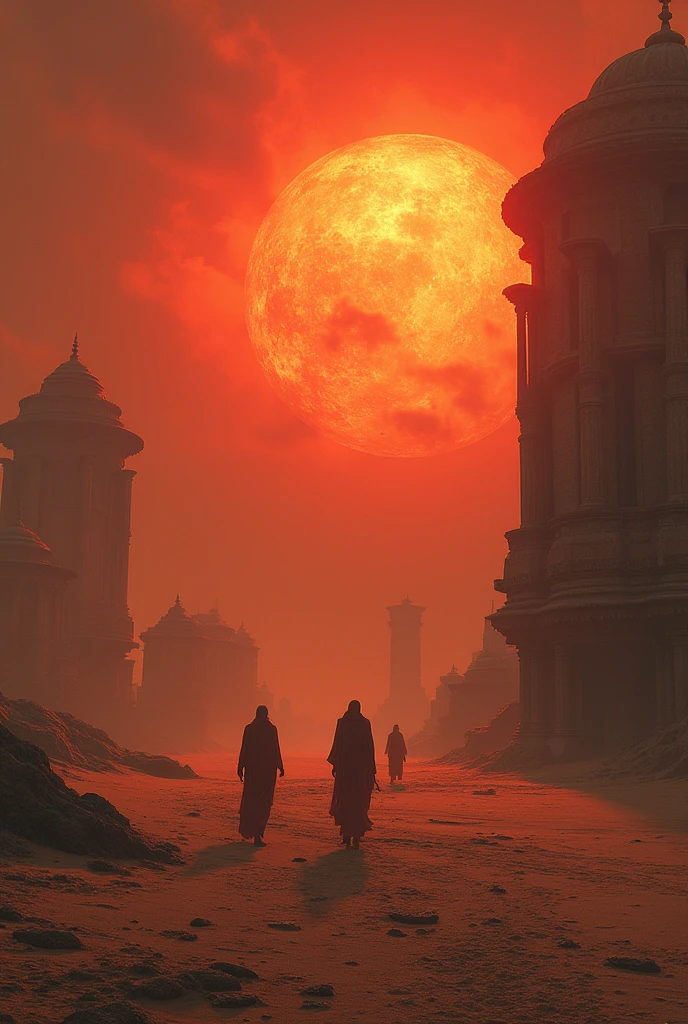 Red atmosphere beach with a flame sky, flat sand continental side with some temples scattered around, faceless people wandering