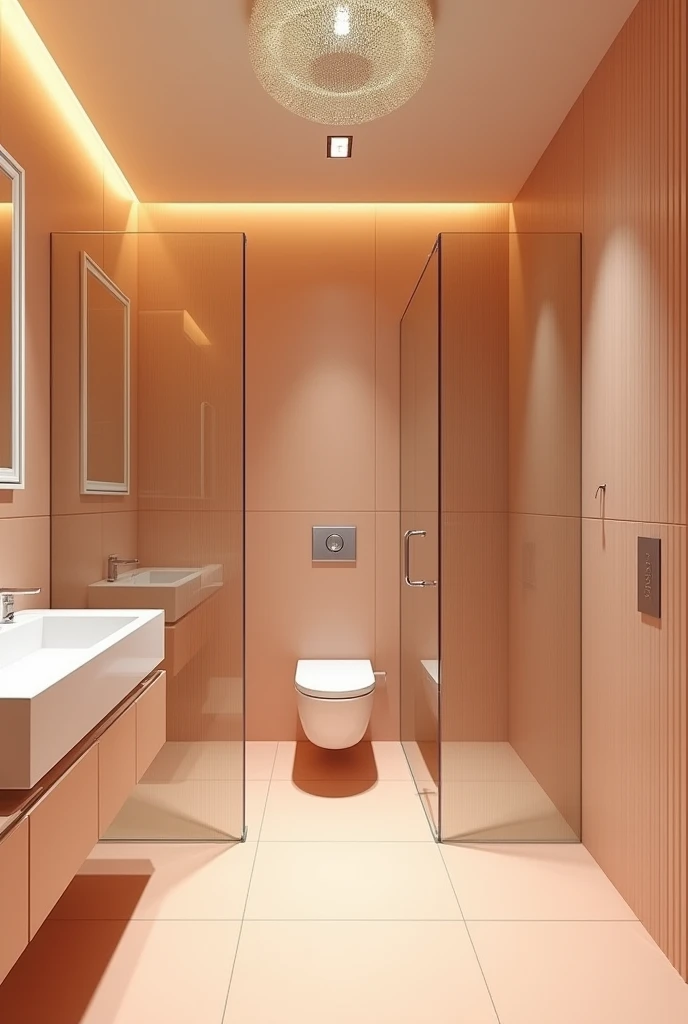 The room features a warm ambiance with light peach tiles covering the floor. It includes two separate glass chambers: one for the toilet and another for the shower, each offering a modern, clean look. A decorative ceiling light casts a soft, elegant glow over the space. Outside the glass chambers, a large sink is paired with a sleek square mirror, contributing to the room’s sophisticated and functional design.