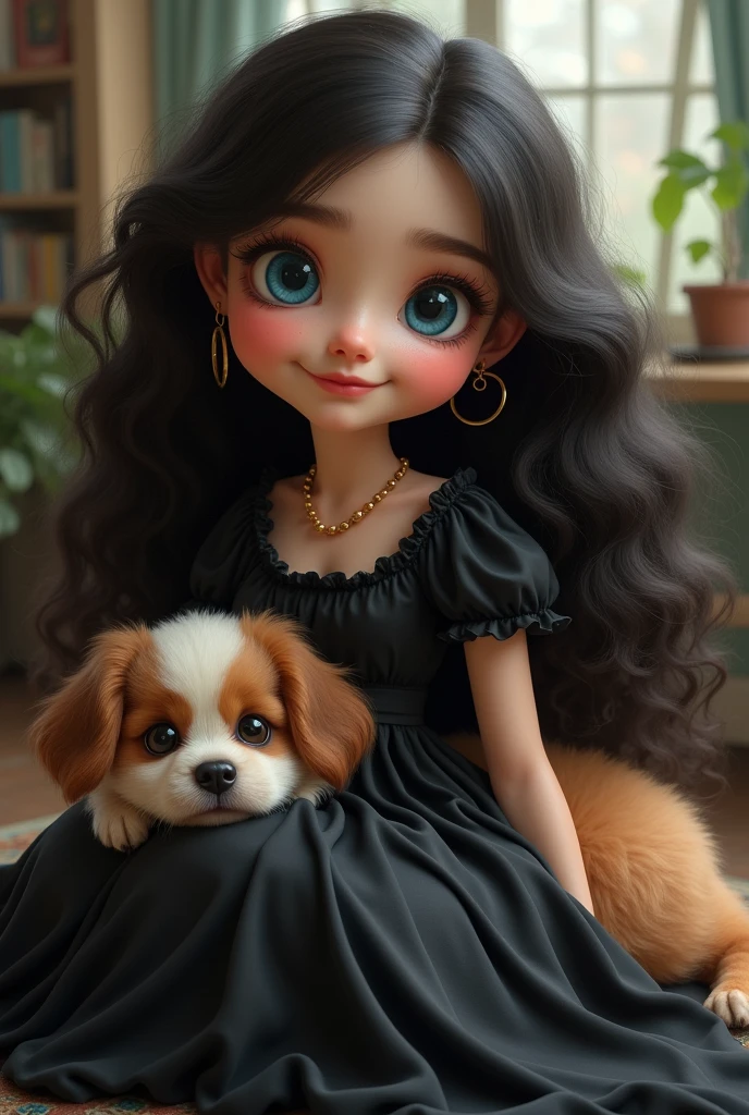 ,with long curly hair, in a chubby black dress ,blue eyed with dog