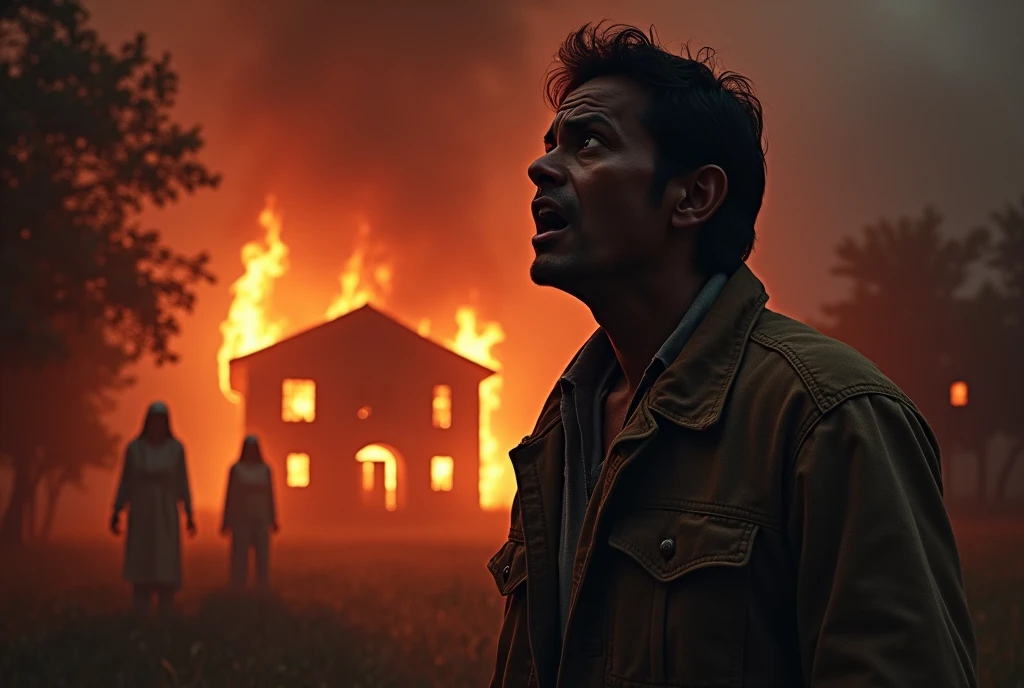 A shocked  indian man watching a burning house and two ghosts are watching the man