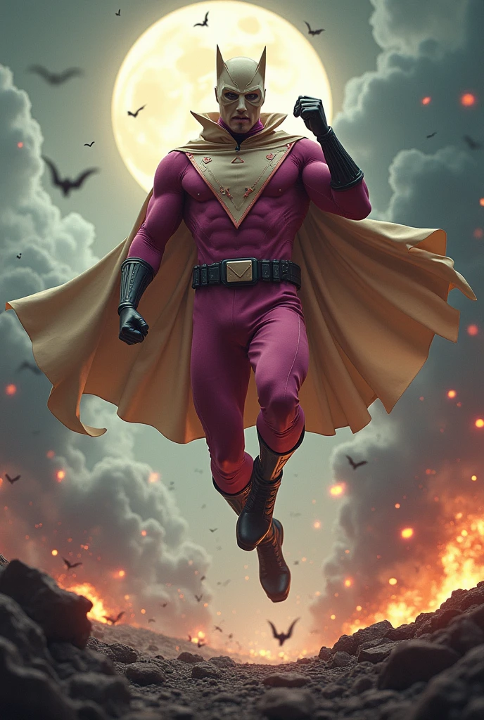 Malaysia man in high-tech suit, vivid effects, malaysian superhero (KELUANG MAN) in a striking pink and brown beige costume cyberpunk design((, mask small mini bat ear beige,)) daredevil beige mask, jumpsuit dark pink stands confidently in a dramatic.jumping from high place.hero costume.one hand rise up. (Big triangle logo on the chest.high detail Punisher logo on the chest)). jumping from hight place. Fighting pose , stormy landscape. ((Head covered node guard like batman. Running pose , athletic body type, small mini ear bat mask))The character wears domino mask a helmet with pointed mini torn ears and a flowing cape biege, open nose and mouth. Equipped with visible futuristic weapons on a belt,bullet proof jacket pink dark day.show fingers pose, dark night, big supermoon effect . Small logo on chest triangle shape small ((mitch gerads punisher ))logo center triangle cyber logo center on chest pink logo mini logo . rocky. Building top.smoke ground , bomb effect background, losse pants, losses costume.adding to --ar 3:4 --style raw --stylize 500 --v 6.1. chaos. Lot of small flying bat. One leg on the high stone. Man. Backpack . Real man age 40 year old. One hand holding belt. Jump from high place. Open cape.
