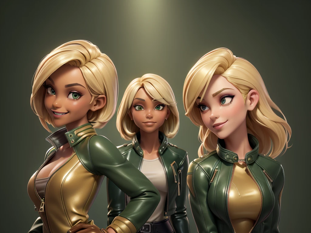 obra prima, melhor qualidade, ((only two women,)) ((pixie lott, dark tan skin, blonde bob hair, heavy makeup eye shadow, sweet toothy smile,)) (((wearing thigh length forest green metallic leather jacket,))) (((jacket is zipped up, jacket covers waist and ass,))) ((jacket has stiff high collar,)) ((gold pvc gloves,)) body is very skinny, standing up, (((arched back, shoulders leaning way back, hips twisting, head tilted way back, chin up,))) ((camera side view, extreme closeup view of upper body,)) shallow depth of field, highres, HD, 8k, anatomically correct