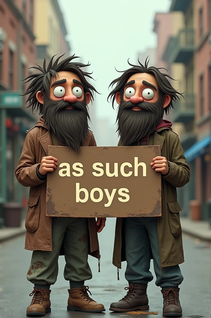 Generates the "as such boys" holding a sign The appearance of the "as such boys" is that of the character "Benson" of the program " One more show" but like a vagabond, with 2 week beard