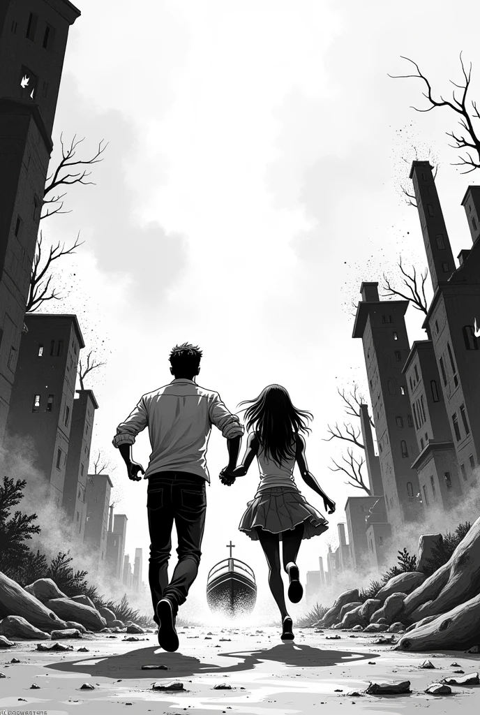 Make an easy to draw black and white drawing that isn't too realistic, of a man and a woman running towards a boat while everything around them is being destroyed and burned, Put them running towards the sea to a boat and behind it the chaos