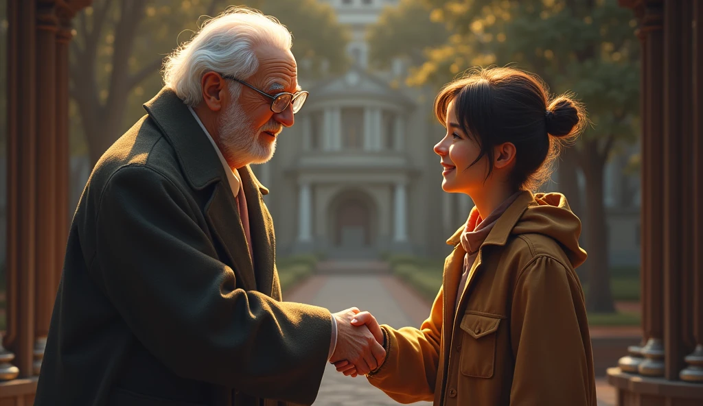 An old professor wearing glasses reflecting profound ancient wisdom shook hands with a young student with a grateful face and a smile.